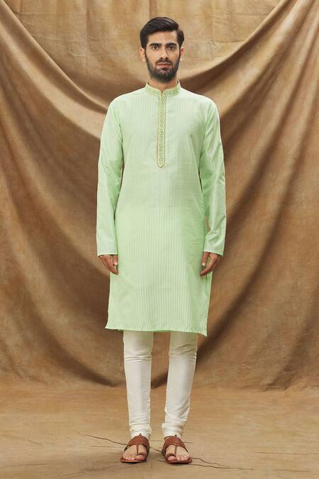 Arihant Rai Sinha_Green Jacquard, Silk Embroidery Thread Kurta _Online_at_Aza_Fashions