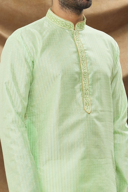 Shop_Arihant Rai Sinha_Green Jacquard, Silk Embroidery Thread Kurta _Online_at_Aza_Fashions
