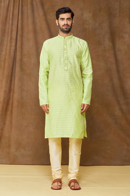 Arihant Rai Sinha_Green Jacquard, Silk Embroidery Stripe Pattern Kurta _Online_at_Aza_Fashions