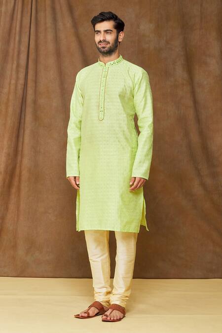 Buy_Arihant Rai Sinha_Green Jacquard, Silk Embroidery Stripe Pattern Kurta _Online_at_Aza_Fashions