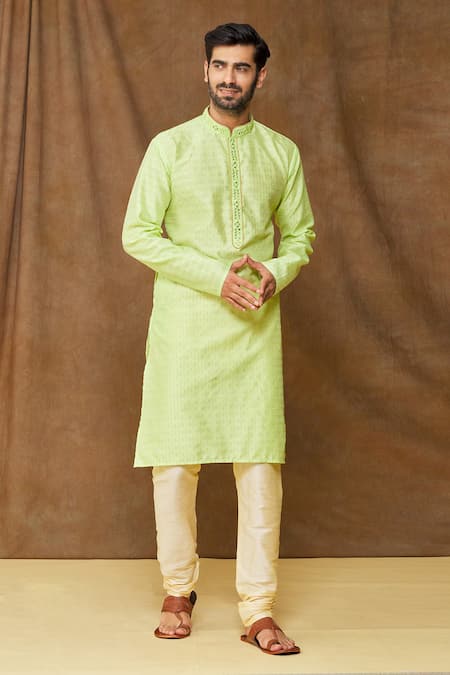 Shop_Arihant Rai Sinha_Green Jacquard, Silk Embroidery Stripe Pattern Kurta _Online_at_Aza_Fashions