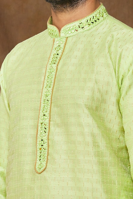Arihant Rai Sinha_Green Jacquard, Silk Embroidery Stripe Pattern Kurta _at_Aza_Fashions