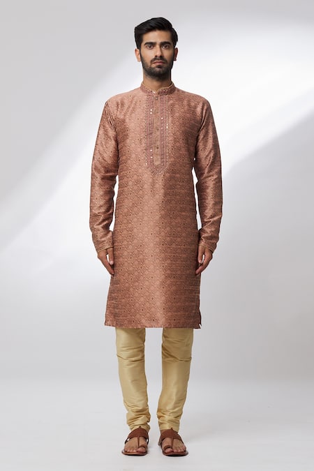 Arihant Rai Sinha Pink Jacquard, Silk, Chanderi Embroidery Brocade Botanical Pattern Kurta Set Online at Aza Fashions Arihant Rai Sinha_Pink Jacquard, Silk, Chanderi Embroidery Brocade Botanical Pattern Kurta Set _Online_at_Aza_Fashions