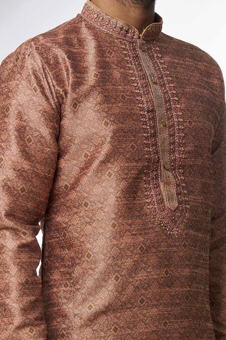 Shop Arihant Rai Sinha Pink Jacquard, Silk, Chanderi Embroidery Brocade Botanical Pattern Kurta Set Online at Aza Fashions Shop_Arihant Rai Sinha_Pink Jacquard, Silk, Chanderi Embroidery Brocade Botanical Pattern Kurta Set _Online_at_Aza_Fashions