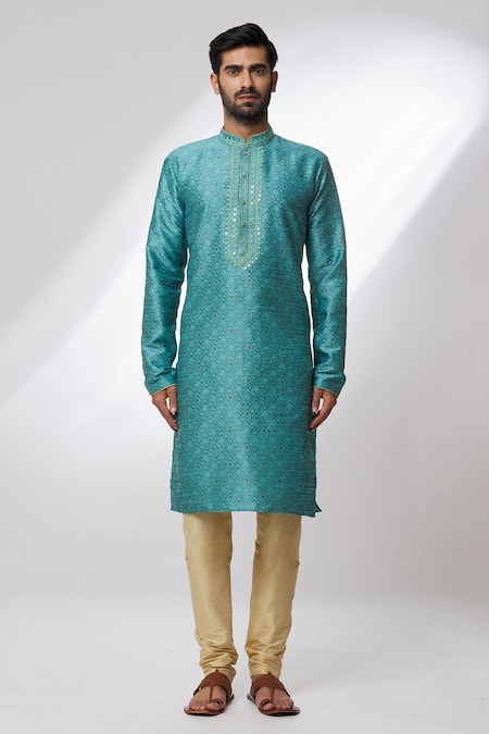 Arihant Rai Sinha Blue Jacquard, Silk, Brocade Mirrors, Woven Kurta And Gathered Churidar Set Online at Aza Fashions Arihant Rai Sinha_Blue Jacquard, Silk, Brocade Mirrors, Woven Kurta And Gathered Churidar Set _Online_at_Aza_Fashions