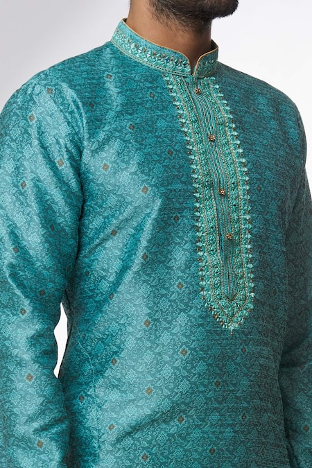 Shop Arihant Rai Sinha Blue Jacquard, Silk, Brocade Mirrors, Woven Kurta And Gathered Churidar Set Online at Aza Fashions Shop_Arihant Rai Sinha_Blue Jacquard, Silk, Brocade Mirrors, Woven Kurta And Gathered Churidar Set _Online_at_Aza_Fashions