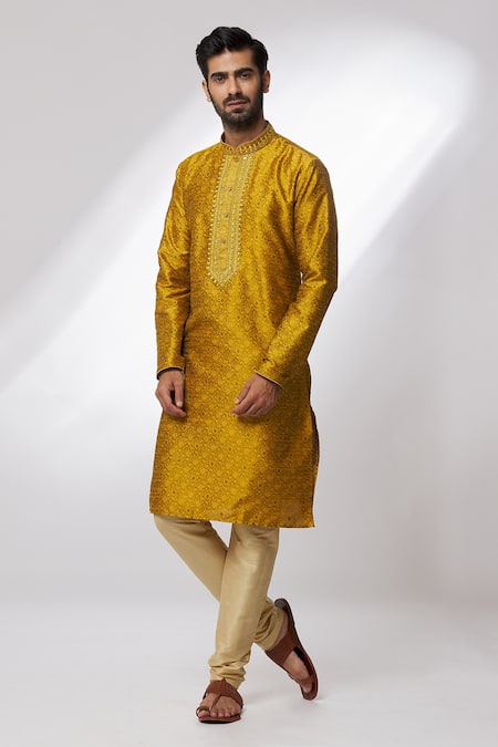 Shop Arihant Rai Sinha Gold Jacquard, Silk, Chanderi Mirrors, Brocade Botanical Pattern Woven Kurta Set Online at Aza Fashions Shop_Arihant Rai Sinha_Gold Jacquard, Silk, Chanderi Mirrors, Brocade Botanical Pattern Woven Kurta Set _Online_at_Aza_Fashions