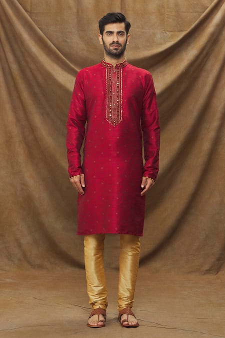 Arihant Rai Sinha Maroon Jacquard, Silk Mirrors Floral Pattern Kurta And Churidar Set Online at Aza Fashions Arihant Rai Sinha_Maroon Jacquard, Silk Mirrors Floral Pattern Kurta And Churidar Set _Online_at_Aza_Fashions
