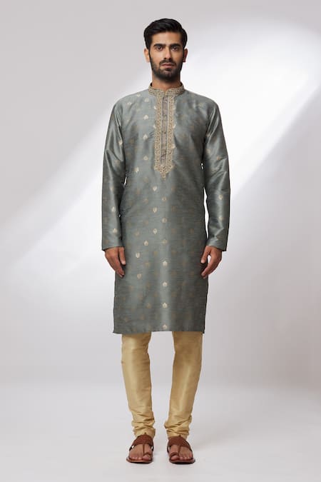 Arihant Rai Sinha Grey Jacquard, Silk Embroidery, Zari Banarasi Floral Pattern Woven Kurta Set Online at Aza Fashions Arihant Rai Sinha_Grey Jacquard, Silk Embroidery, Zari Banarasi Floral Pattern Woven Kurta Set _Online_at_Aza_Fashions