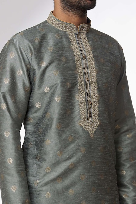 Shop Arihant Rai Sinha Grey Jacquard, Silk Embroidery, Zari Banarasi Floral Pattern Woven Kurta Set Online at Aza Fashions Shop_Arihant Rai Sinha_Grey Jacquard, Silk Embroidery, Zari Banarasi Floral Pattern Woven Kurta Set _Online_at_Aza_Fashions