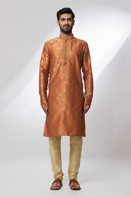Arihant Rai Sinha Orange Jacquard, Silk Zari, Embroidery Floral Pattern Woven Kurta Online at Aza Fashions Arihant Rai Sinha_Orange Jacquard, Silk Zari, Embroidery Floral Pattern Woven Kurta _Online_at_Aza_Fashions