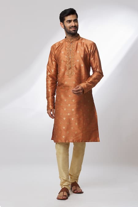 Buy Arihant Rai Sinha Orange Jacquard, Silk Zari, Embroidery Floral Pattern Woven Kurta Online at Aza Fashions Buy_Arihant Rai Sinha_Orange Jacquard, Silk Zari, Embroidery Floral Pattern Woven Kurta _Online_at_Aza_Fashions