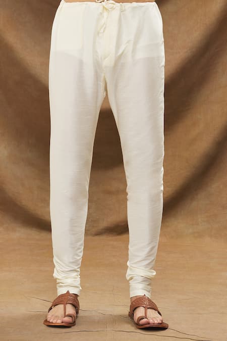 Arihant Rai Sinha_Blue Jacquard, Chanderi Embroidery Floret Pattern Kurta And Cream Churidar Set _at_Aza_Fashions