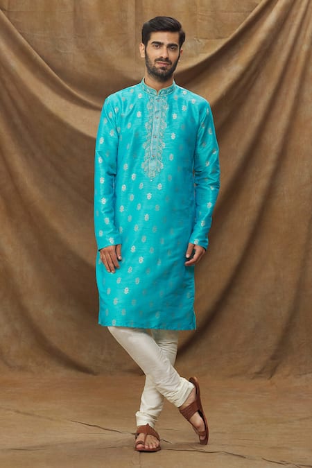 Buy_Arihant Rai Sinha_Blue Jacquard, Chanderi Embroidery Floret Pattern Kurta And Cream Churidar Set _Online_at_Aza_Fashions