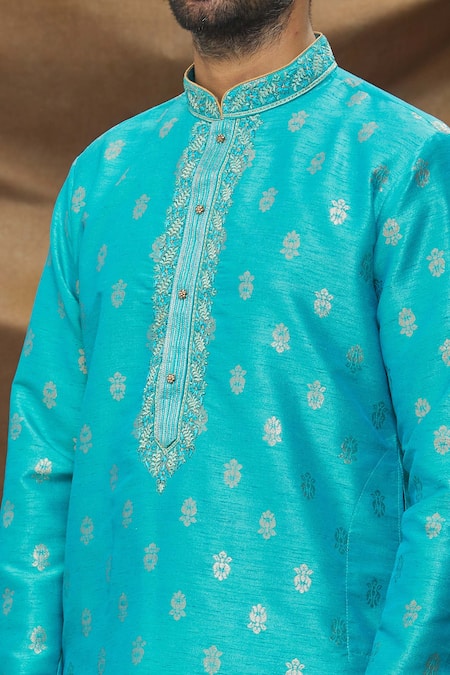 Shop_Arihant Rai Sinha_Blue Jacquard, Chanderi Embroidery Floret Pattern Kurta And Cream Churidar Set _Online_at_Aza_Fashions