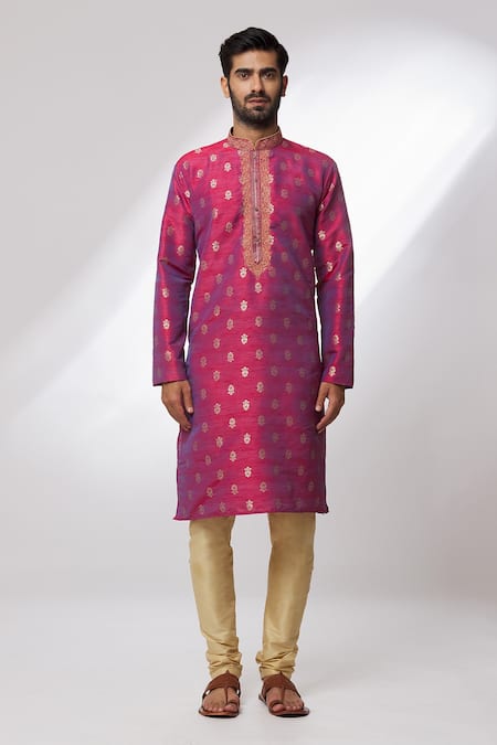 Shop Arihant Rai Sinha Pink Jacquard, , Chanderi Embroidery, Woven Floral Pattern Kurta Set Online at Aza Fashions Shop_Arihant Rai Sinha_Pink Jacquard, , Chanderi Embroidery, Woven Floral Pattern Kurta Set _Online_at_Aza_Fashions