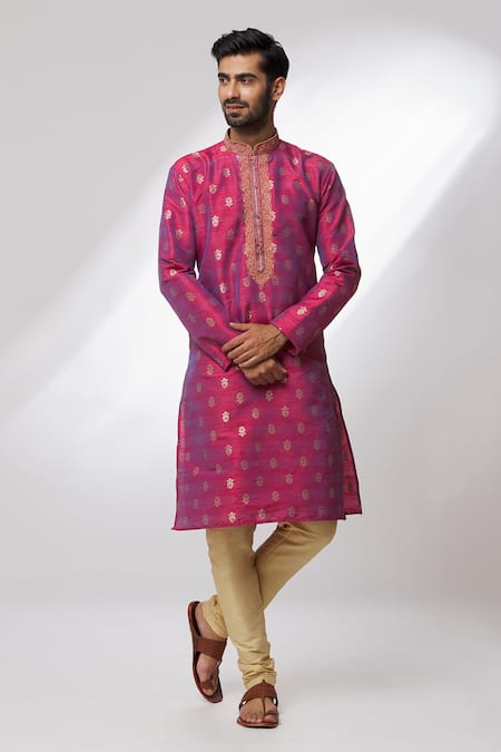 Arihant Rai Sinha Pink Jacquard, , Chanderi Embroidery, Woven Floral Pattern Kurta Set at Aza Fashions Arihant Rai Sinha_Pink Jacquard, , Chanderi Embroidery, Woven Floral Pattern Kurta Set _at_Aza_Fashions