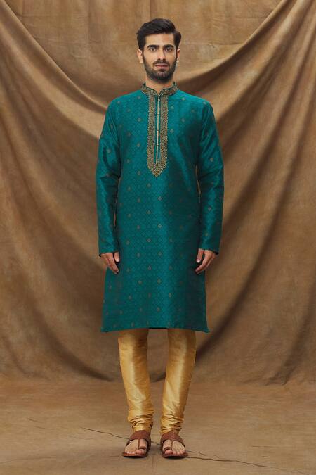 Arihant Rai Sinha Blue Jacquard, Silk Embroidery Botanical Pattern Kurta And Churidar Set Online at Aza Fashions Arihant Rai Sinha_Blue Jacquard, Silk Embroidery Botanical Pattern Kurta And Churidar Set _Online_at_Aza_Fashions