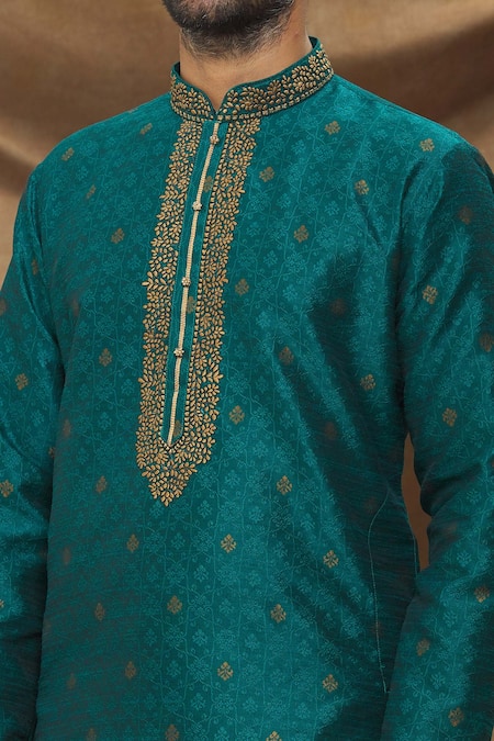 Shop Arihant Rai Sinha Blue Jacquard, Silk Embroidery Botanical Pattern Kurta And Churidar Set Online at Aza Fashions Shop_Arihant Rai Sinha_Blue Jacquard, Silk Embroidery Botanical Pattern Kurta And Churidar Set _Online_at_Aza_Fashions