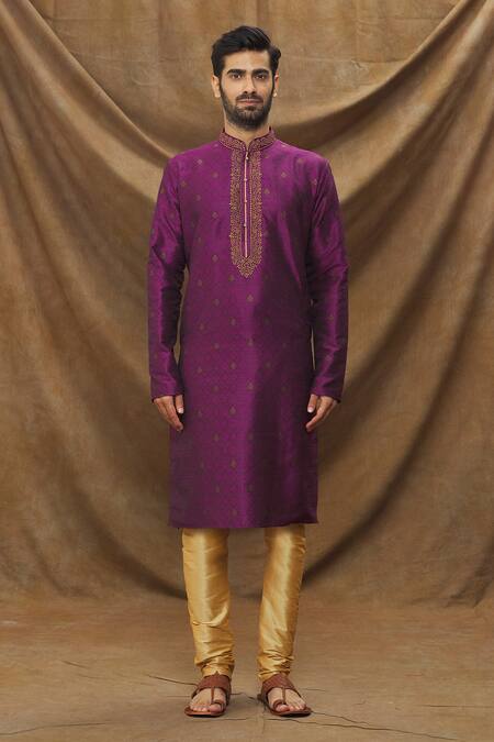 Arihant Rai Sinha_Magenta Jacquard, Silk Embroidery Garden Pattern Kurta And Churidar Set_Online_at_Aza_Fashions