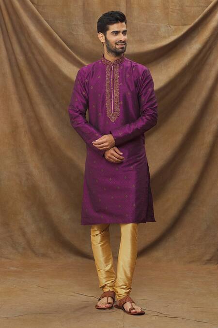 Buy_Arihant Rai Sinha_Magenta Jacquard, Silk Embroidery Garden Pattern Kurta And Churidar Set_Online_at_Aza_Fashions