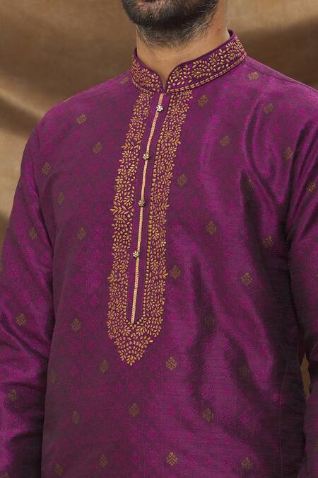 Shop_Arihant Rai Sinha_Magenta Jacquard, Silk Embroidery Garden Pattern Kurta And Churidar Set_Online_at_Aza_Fashions