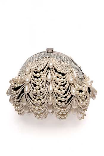 Nayaab By Sonia_Black Pearls, Beads Oyster Frame Embellished Potli _at_Aza_Fashions