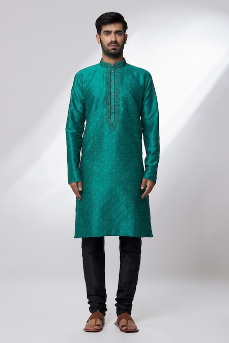 Arihant Rai Sinha_Green Jacquard, Silk, Brocade Embroidery Botanical Pattern Woven Kurta _Online_at_Aza_Fashions