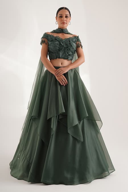 Chaashni by Maansi and Ketan Green Glass Organza Draped Solid Lehenga Set With Leaf Embellished Blouse