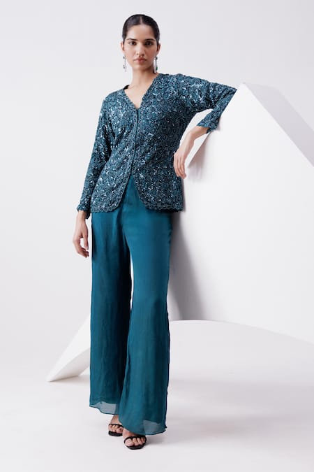 Istya Blue Chinon Embroidered Geometric V Neck Sequin Jacket And Pant Set 