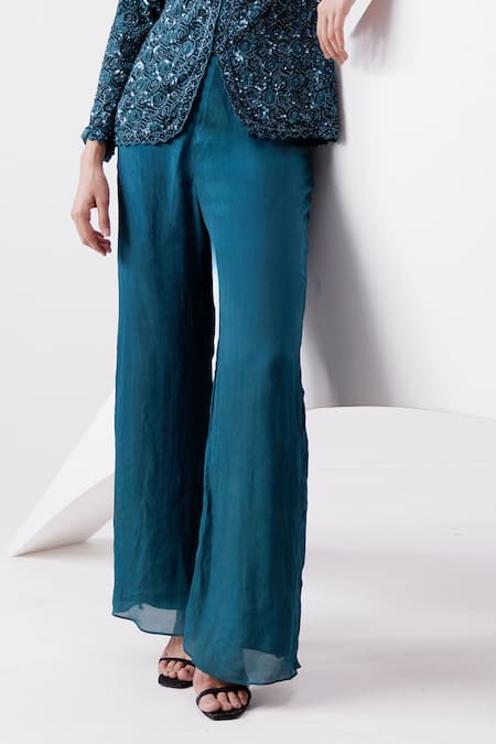 Istya Blue Chinon Embroidered Geometric V Neck Sequin Jacket And Pant Set  5