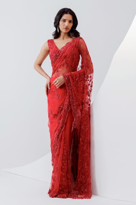 Istya Red Net Embroidery Sequins V Neck Tonal Saree With Blouse 