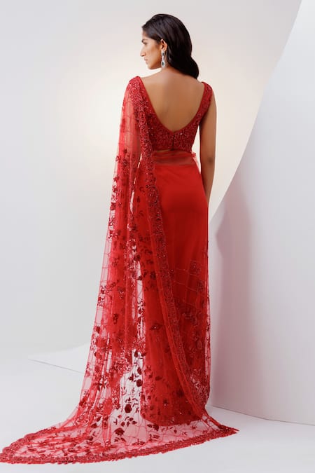 Shop Istya Red Net Sequins, Beads V-neck Tonal Embroidered Saree With Blouse at Aza Fashions Shop_Istya_Red Net Sequins, Beads V-neck Tonal Embroidered Saree With Blouse _at_Aza_Fashions