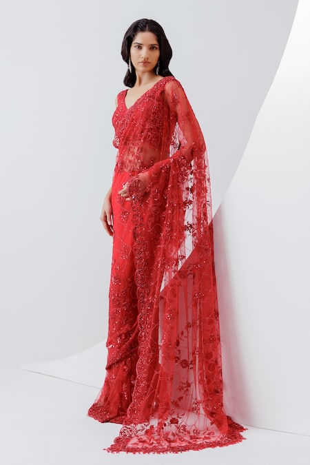 Istya Red Net Sequins, Beads V-neck Tonal Embroidered Saree With Blouse Online at Aza Fashions Istya_Red Net Sequins, Beads V-neck Tonal Embroidered Saree With Blouse _Online_at_Aza_Fashions