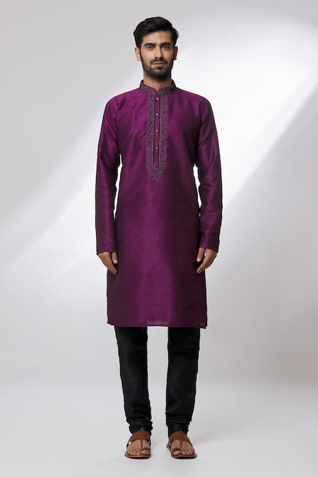 Buy_Arihant Rai Sinha_Magenta Jacquard, Chanderi Embroidery Woven Botanical Pattern Kurta Set _Online_at_Aza_Fashions