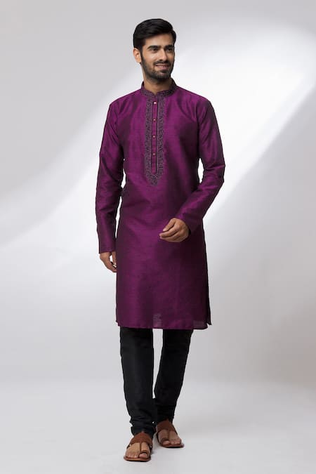Shop_Arihant Rai Sinha_Magenta Jacquard, Chanderi Embroidery Woven Botanical Pattern Kurta Set _Online_at_Aza_Fashions