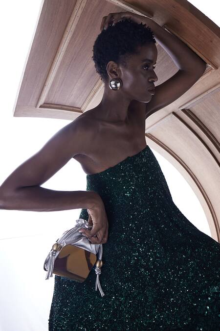 Tann-ED_Silver Plain Leather Moulded Potli _Online_at_Aza_Fashions