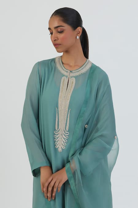 Buy Lajjoo C Blue Chiffon, Silk Sequins, Embroidery Razia Paisley Placement Kurta With Pant Online at Aza Fashions Buy_Lajjoo C_Blue Chiffon, Silk Sequins, Embroidery Razia Paisley Placement Kurta With Pant _Online_at_Aza_Fashions
