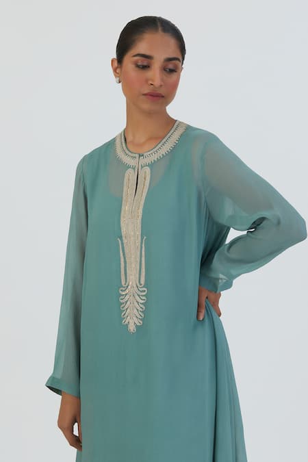 Shop Lajjoo C Blue Chiffon, Silk Sequins, Embroidery Razia Paisley Placement Kurta With Pant Online at Aza Fashions Shop_Lajjoo C_Blue Chiffon, Silk Sequins, Embroidery Razia Paisley Placement Kurta With Pant _Online_at_Aza_Fashions