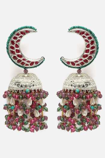 Dugran By Dugristyle_Multi Color Pearls, Rhinestones, Stones Half Crescent Carved Chandbalis _Online_at_Aza_Fashions