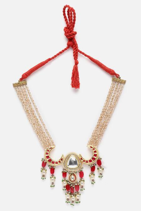 Dugran By Dugristyle_Red Crecent Moon American Diamonds Embellished Necklace _Online_at_Aza_Fashions