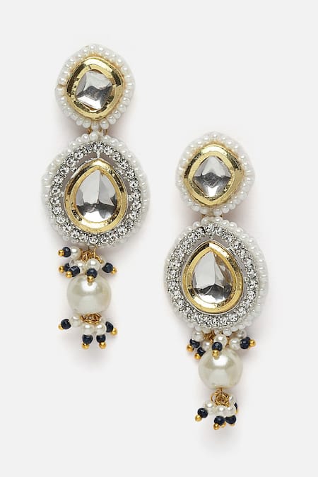 Dugran By Dugristyle Blue Pearls, Gota Patti, Geometric Pendant And American Embellished Necklace Set Online at Aza Fashions Dugran By Dugristyle_Blue Pearls, Gota Patti, Geometric Pendant And American Embellished Necklace Set _Online_at_Aza_Fashions