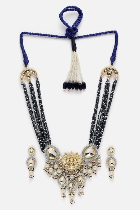 Shop Dugran By Dugristyle Blue Pearls, Gota Patti, Geometric Pendant And American Embellished Necklace Set Online at Aza Fashions Shop_Dugran By Dugristyle_Blue Pearls, Gota Patti, Geometric Pendant And American Embellished Necklace Set _Online_at_Aza_Fashions