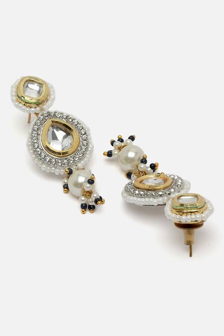 Dugran By Dugristyle Blue Pearls, Gota Patti, Geometric Pendant And American Embellished Necklace Set at Aza Fashions Dugran By Dugristyle_Blue Pearls, Gota Patti, Geometric Pendant And American Embellished Necklace Set _at_Aza_Fashions