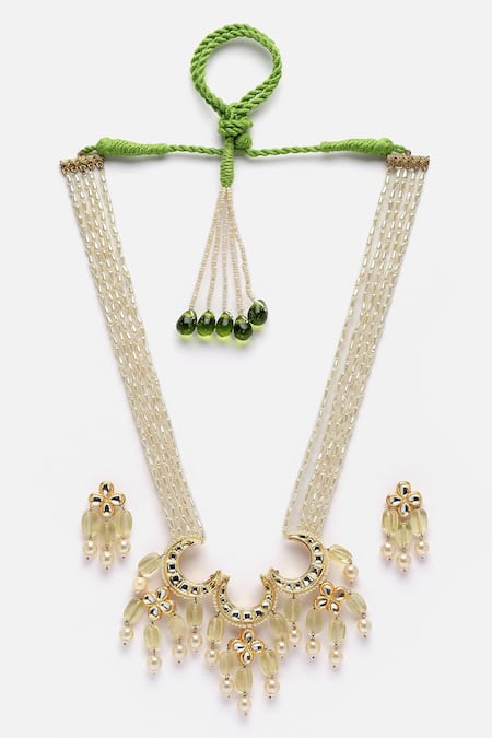 Buy_Dugran By Dugristyle_Yellow Pearls, Stones Kundan Triple Crecent Moon Pendant Necklace Set _Online_at_Aza_Fashions