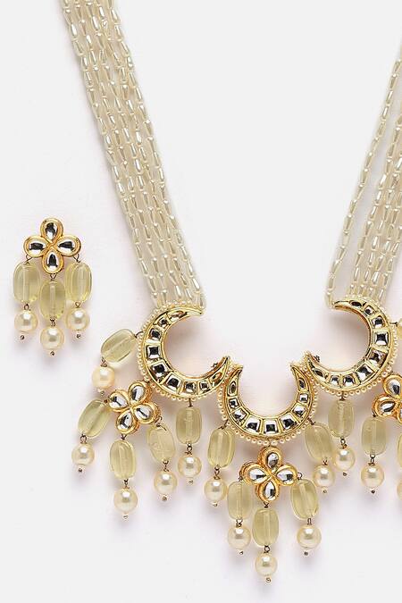 Dugran By Dugristyle_Yellow Pearls, Stones Kundan Triple Crecent Moon Pendant Necklace Set _at_Aza_Fashions