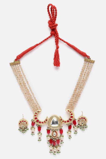 Dugran By Dugristyle_Red Pearls, Diamonds, Stones Crecent Moon Kundan Embellished Necklace Set _Online_at_Aza_Fashions