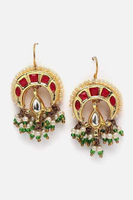 Buy_Dugran By Dugristyle_Red Pearls, Diamonds, Stones Crecent Moon Kundan Embellished Necklace Set _Online_at_Aza_Fashions