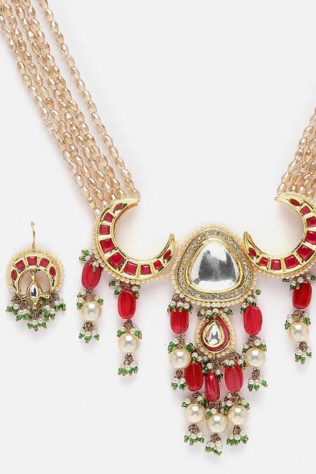 Shop_Dugran By Dugristyle_Red Pearls, Diamonds, Stones Crecent Moon Kundan Embellished Necklace Set _Online_at_Aza_Fashions