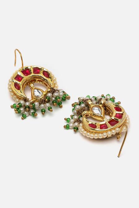 Dugran By Dugristyle_Red Pearls, Diamonds, Stones Crecent Moon Kundan Embellished Necklace Set _at_Aza_Fashions